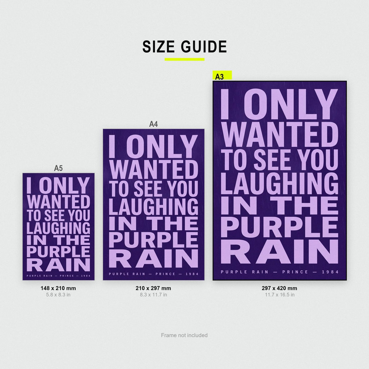 Purple Rain Lyrics Print size guide showing A3, A4 and A5