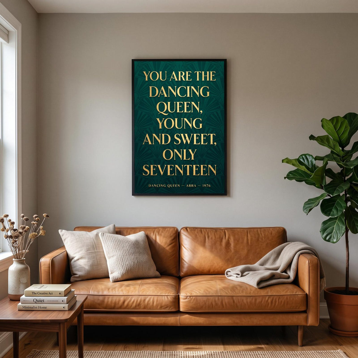 Dancing Queen Lyrics Print hanging on a living room wall