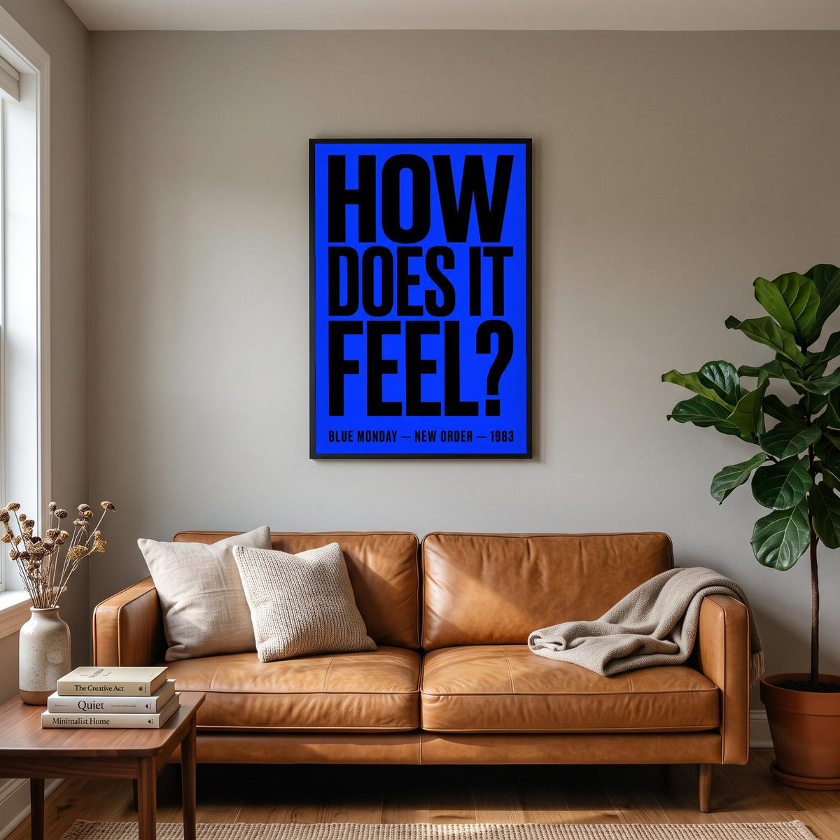 Blue Monday Lyrics Print hanging on a living room wall