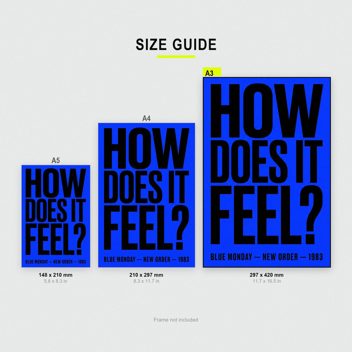Blue Monday Lyrics Print size guide showing A3, A4 and A5