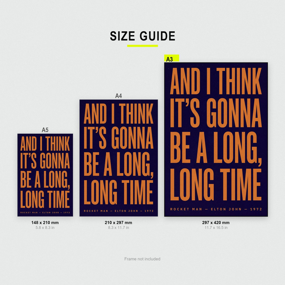 Rocket Man Lyrics Print size guide showing A3, A4 and A5