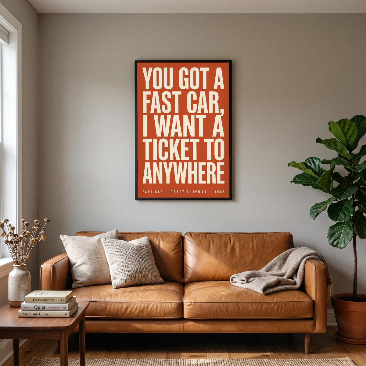 Fast Car Lyrics Print hanging on a living room wall