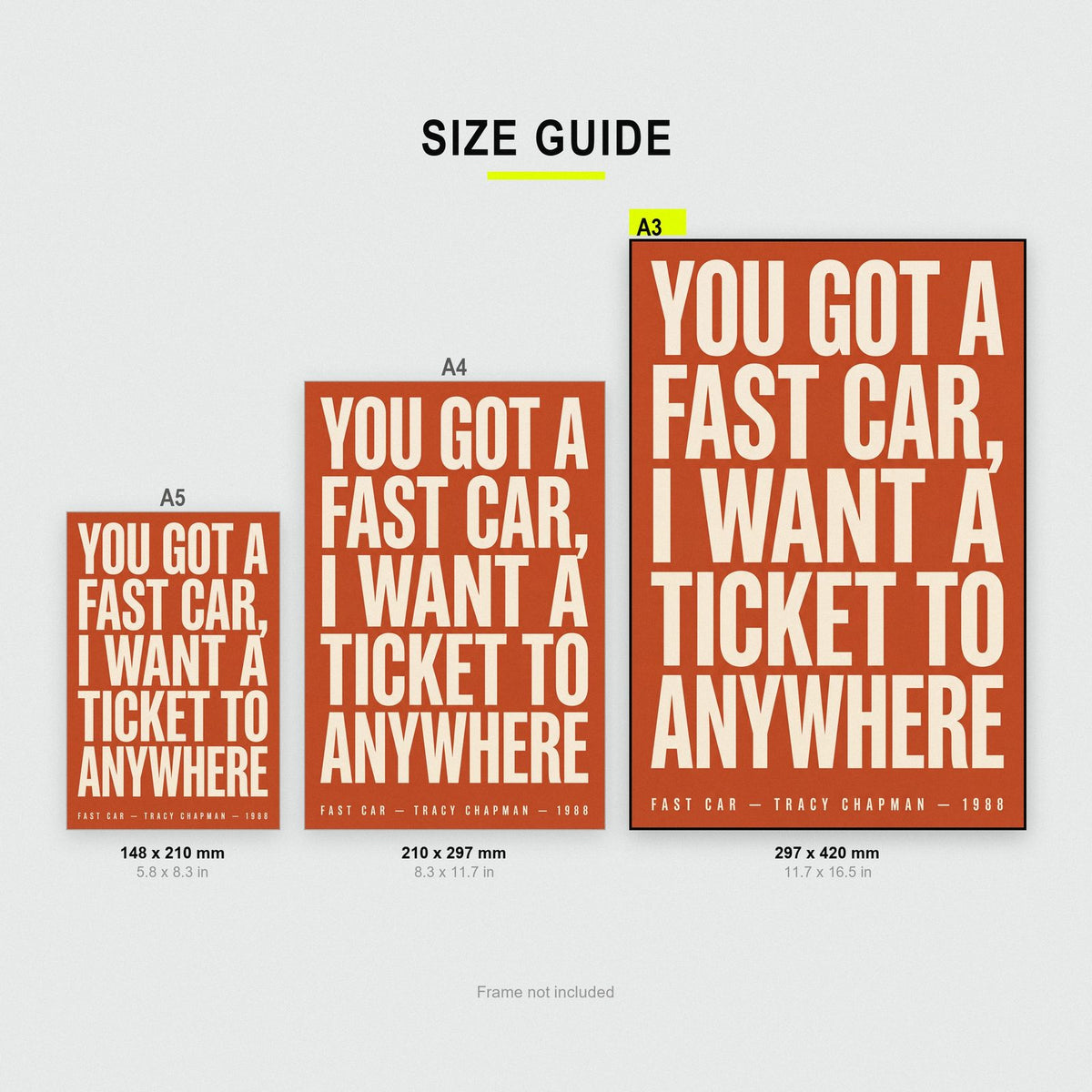 Fast Car Lyrics Print size guide showing A3, A4 and A5