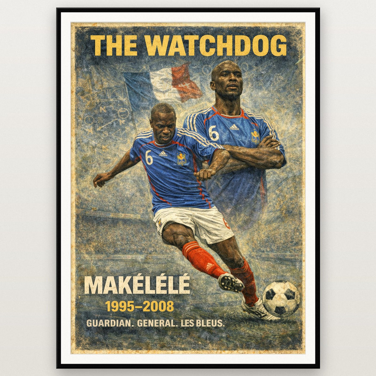 Claude Makélélé Football Legends Poster shown in a black frame