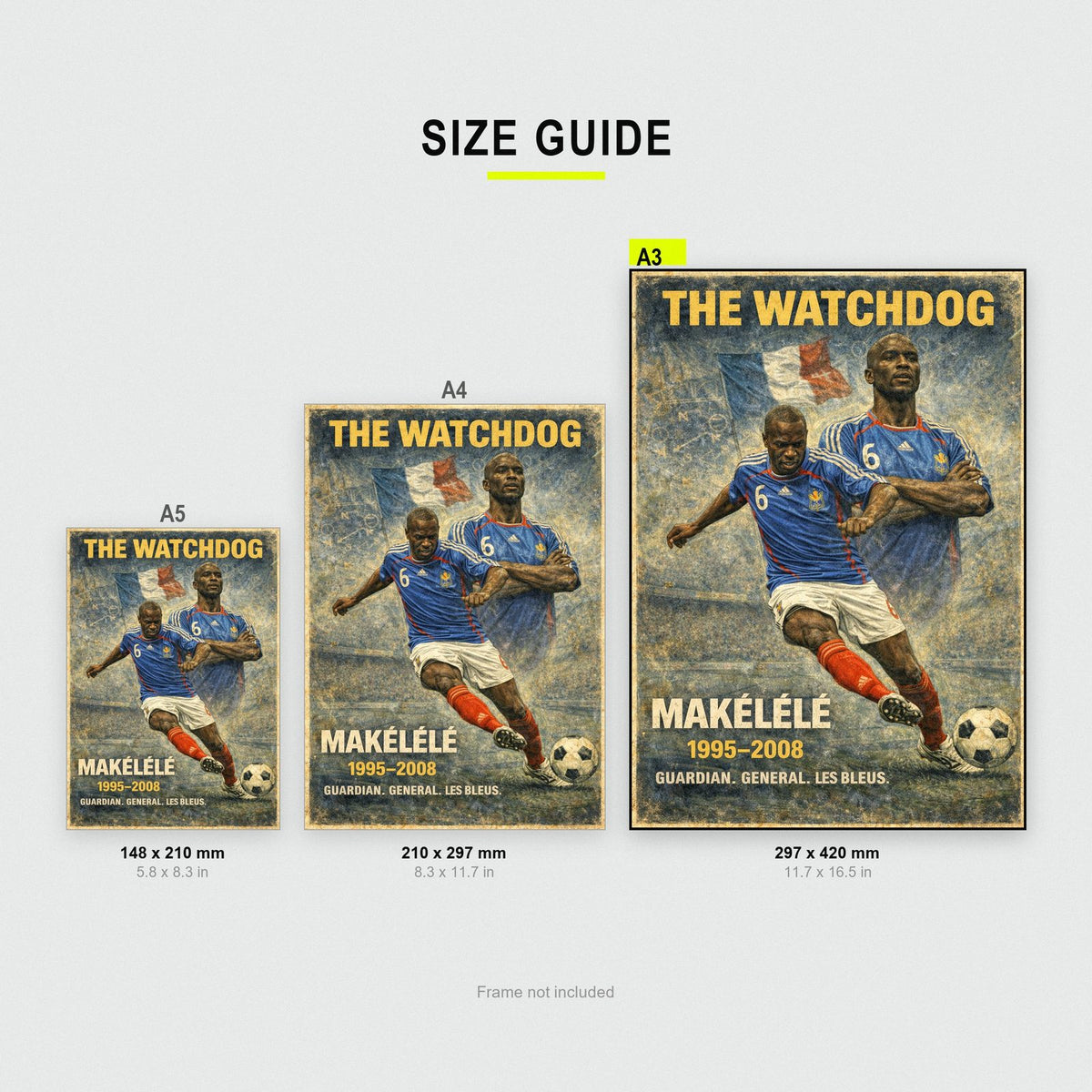 Claude Makélélé Football Legends Poster size guide showing A3, A4 and A5