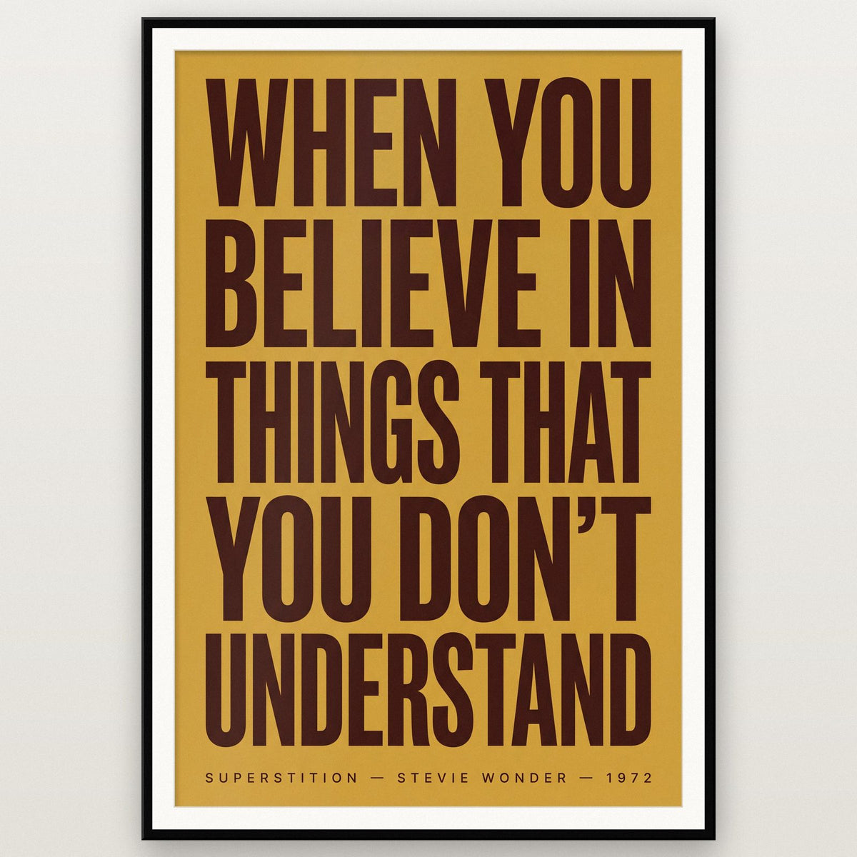 Superstition Lyrics Print shown in a black frame