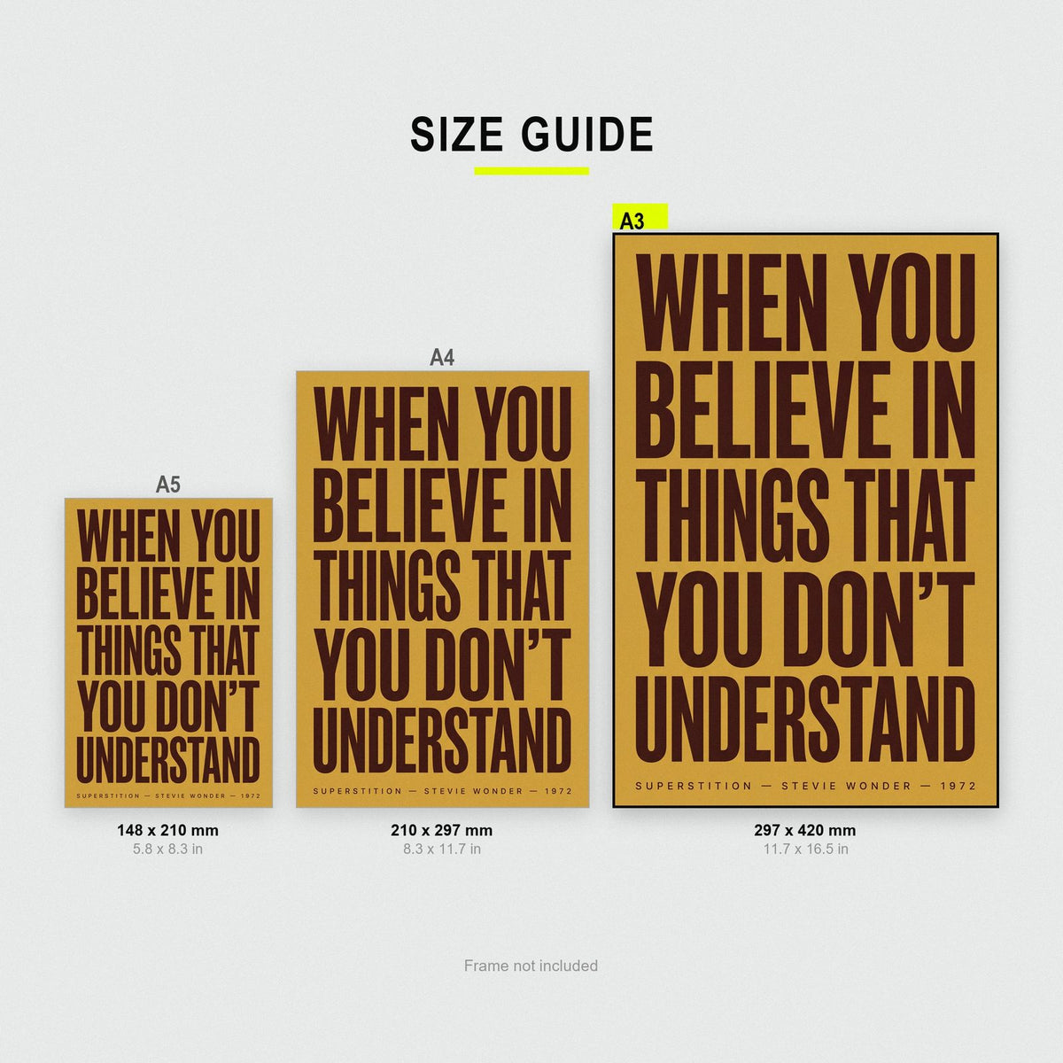 Superstition Lyrics Print size guide showing A3, A4 and A5