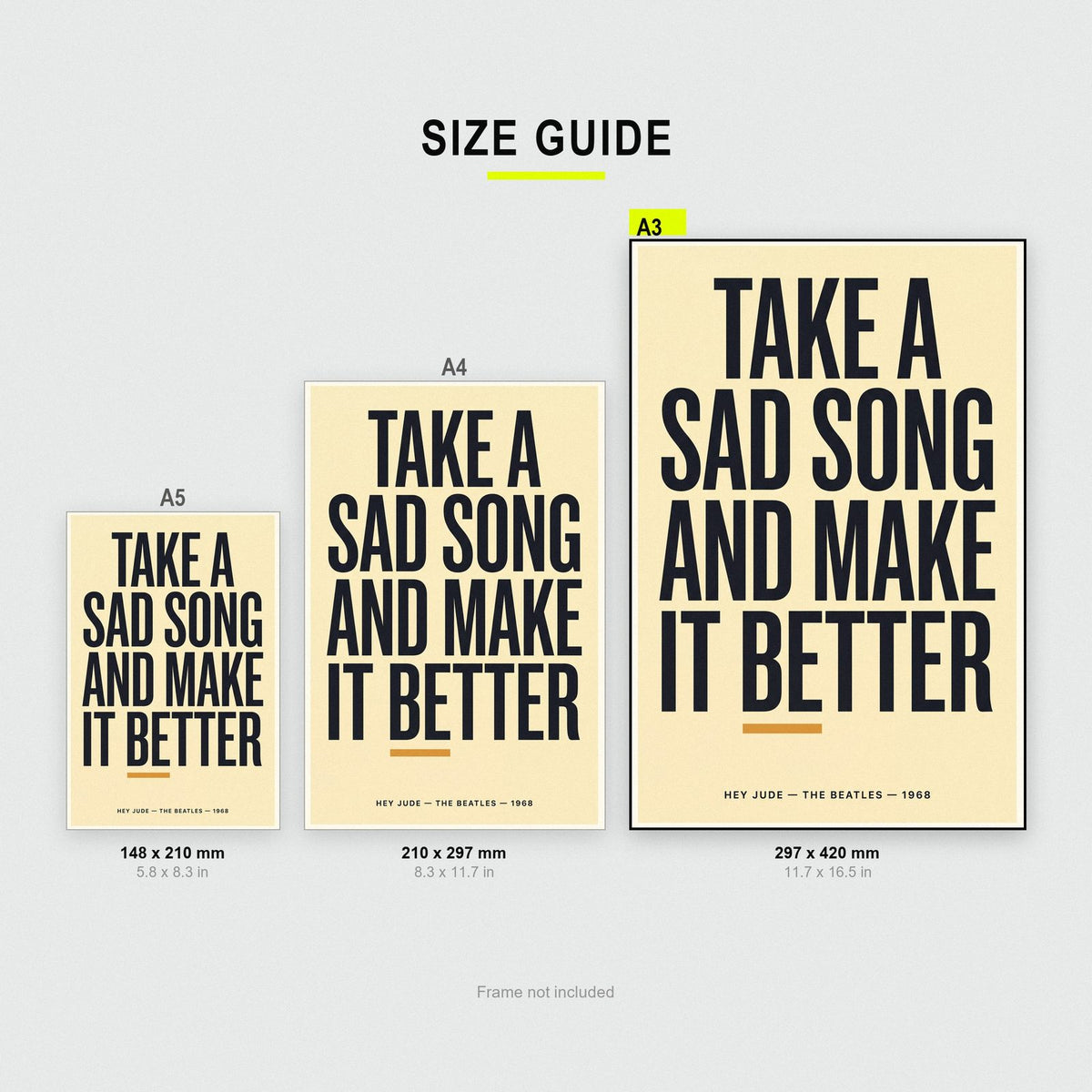 Hey Jude Lyrics Print size guide showing A3, A4 and A5
