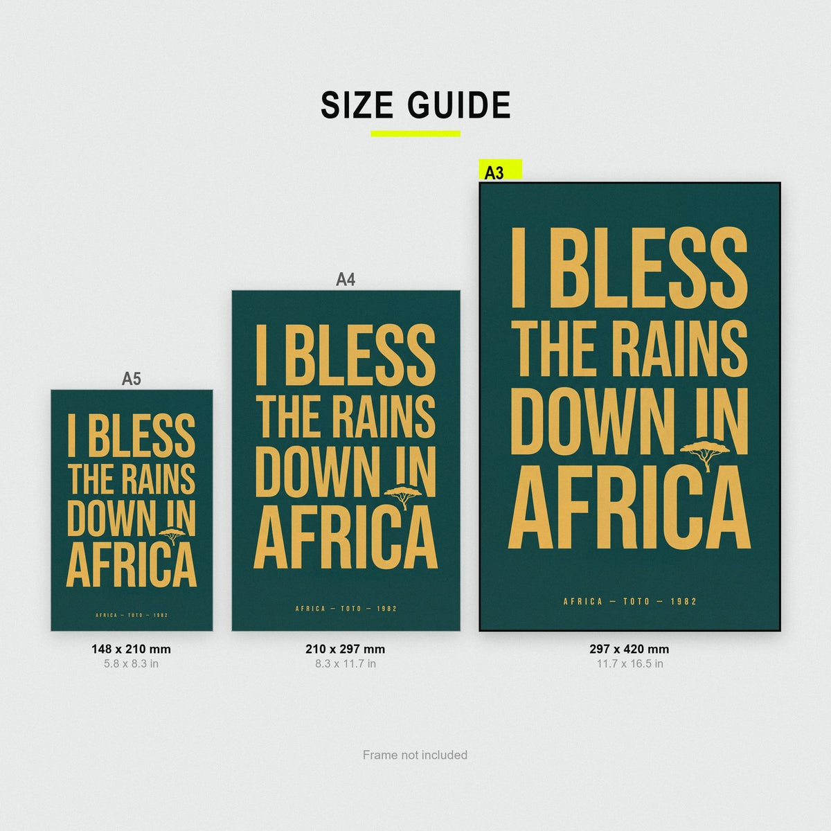 Africa Lyrics Print size guide showing A3, A4 and A5
