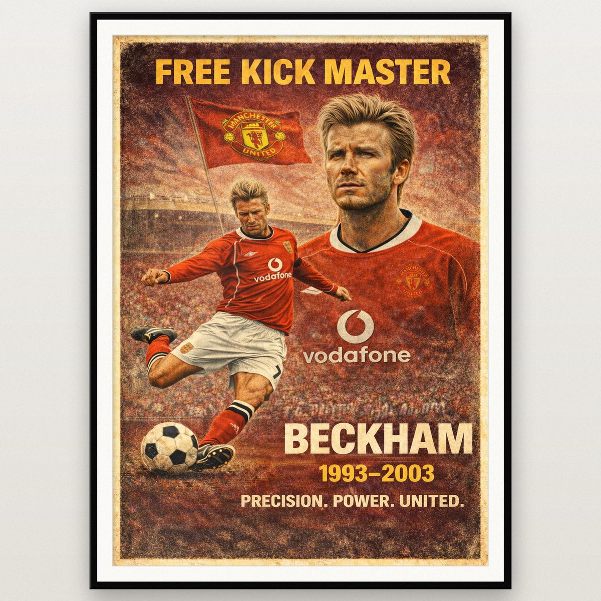 David Beckham Poster shown in a black frame