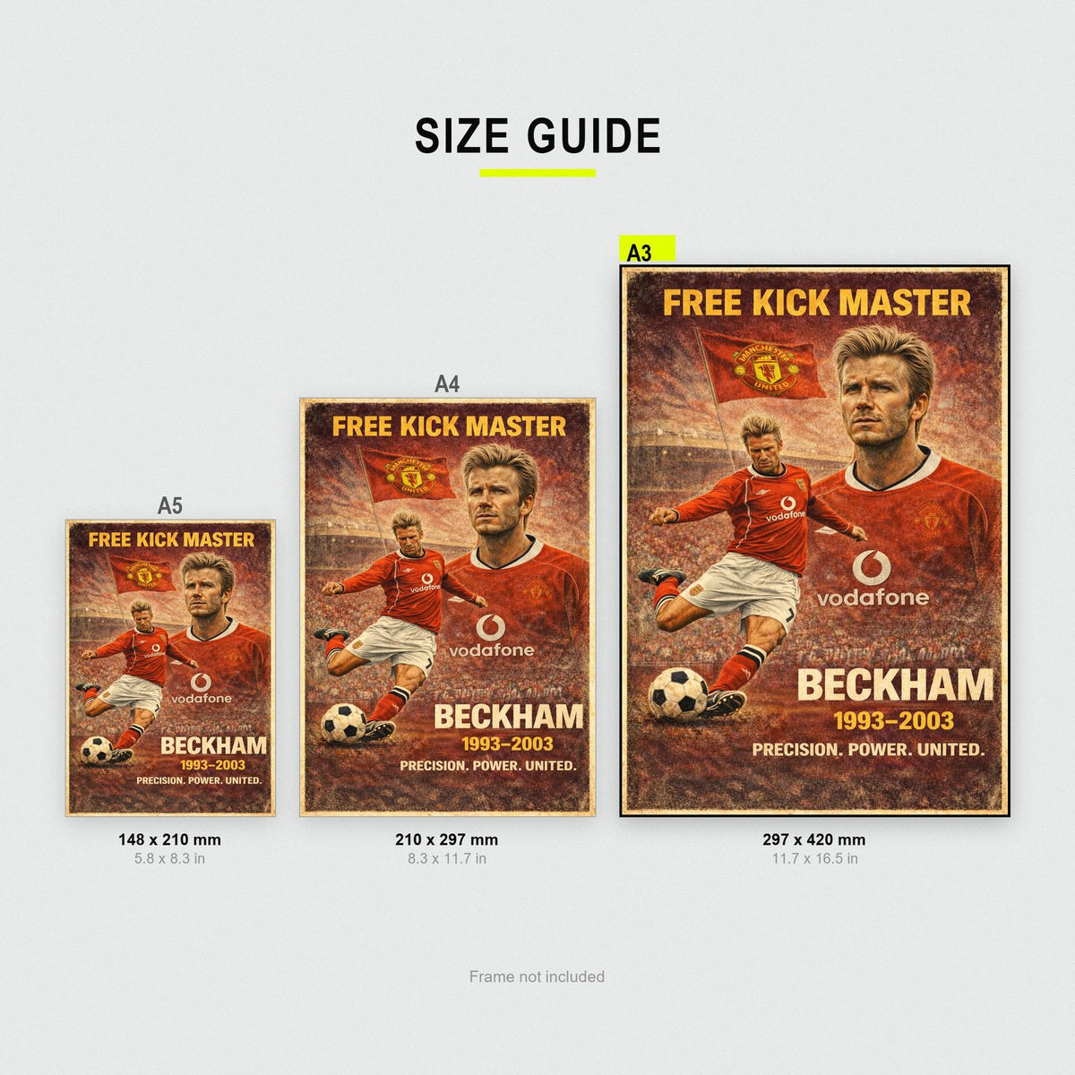 David Beckham Poster size guide showing A3, A4 and A5