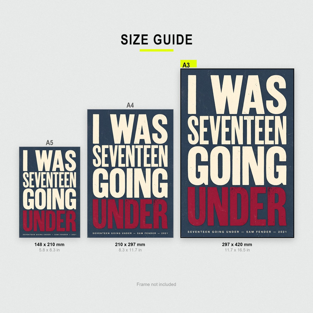 Seventeen Going Under Lyrics Print size guide showing A3, A4 and A5