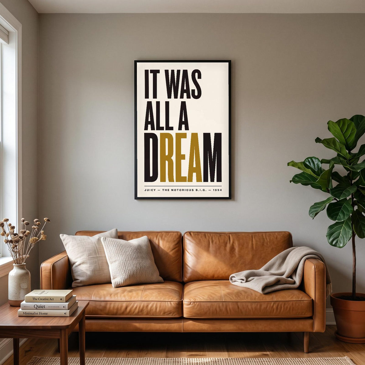 Juicy Lyrics Print hanging on a living room wall