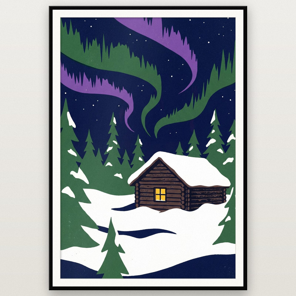 The Cabin Under The Lights Christmas Art Print