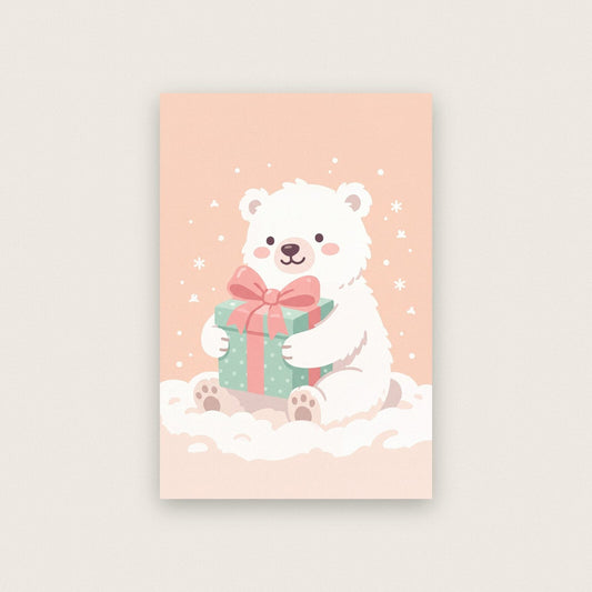 Polar Bear Cub With A Present Cute Christmas Art Print