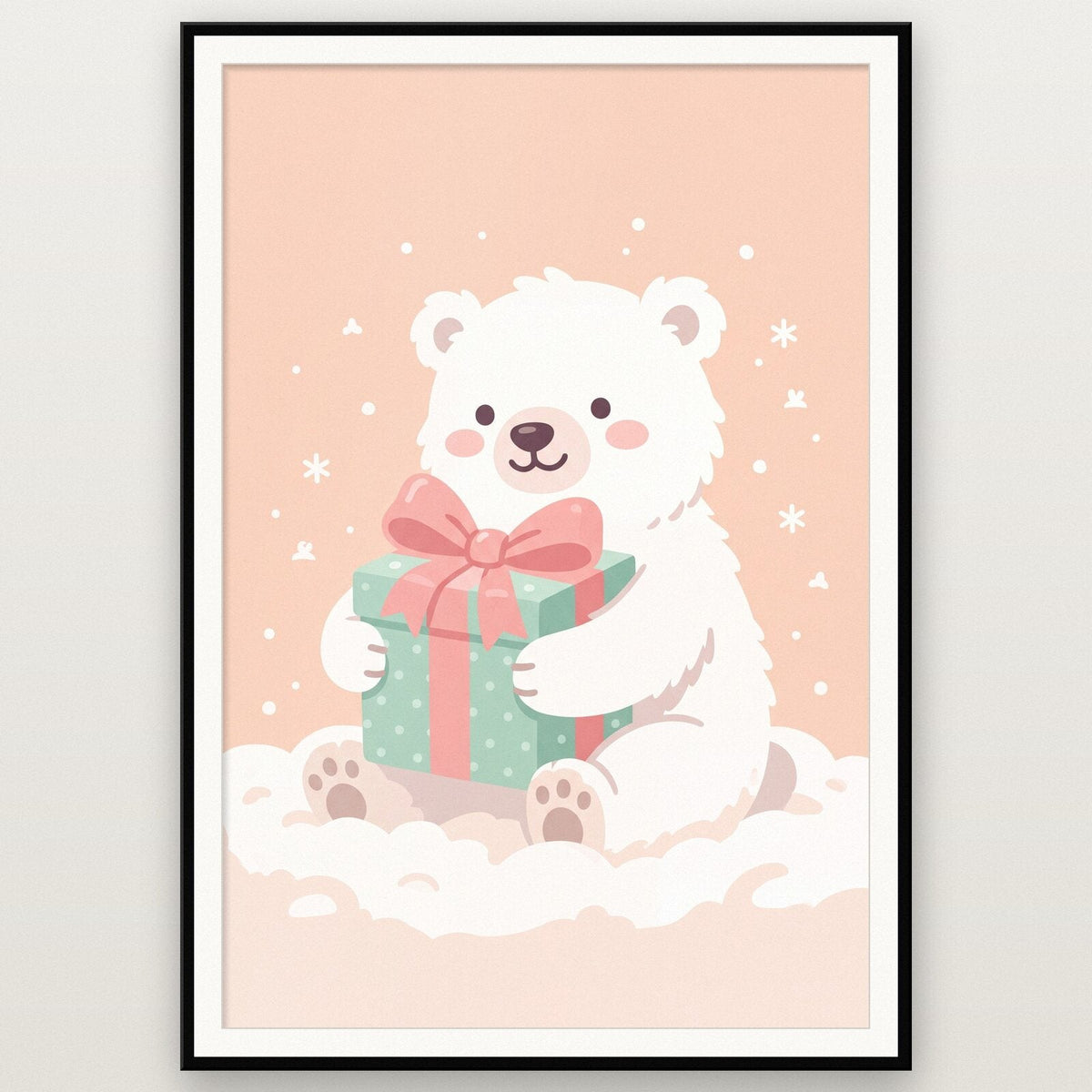 Polar Bear Cub With A Present Cute Christmas Art Print