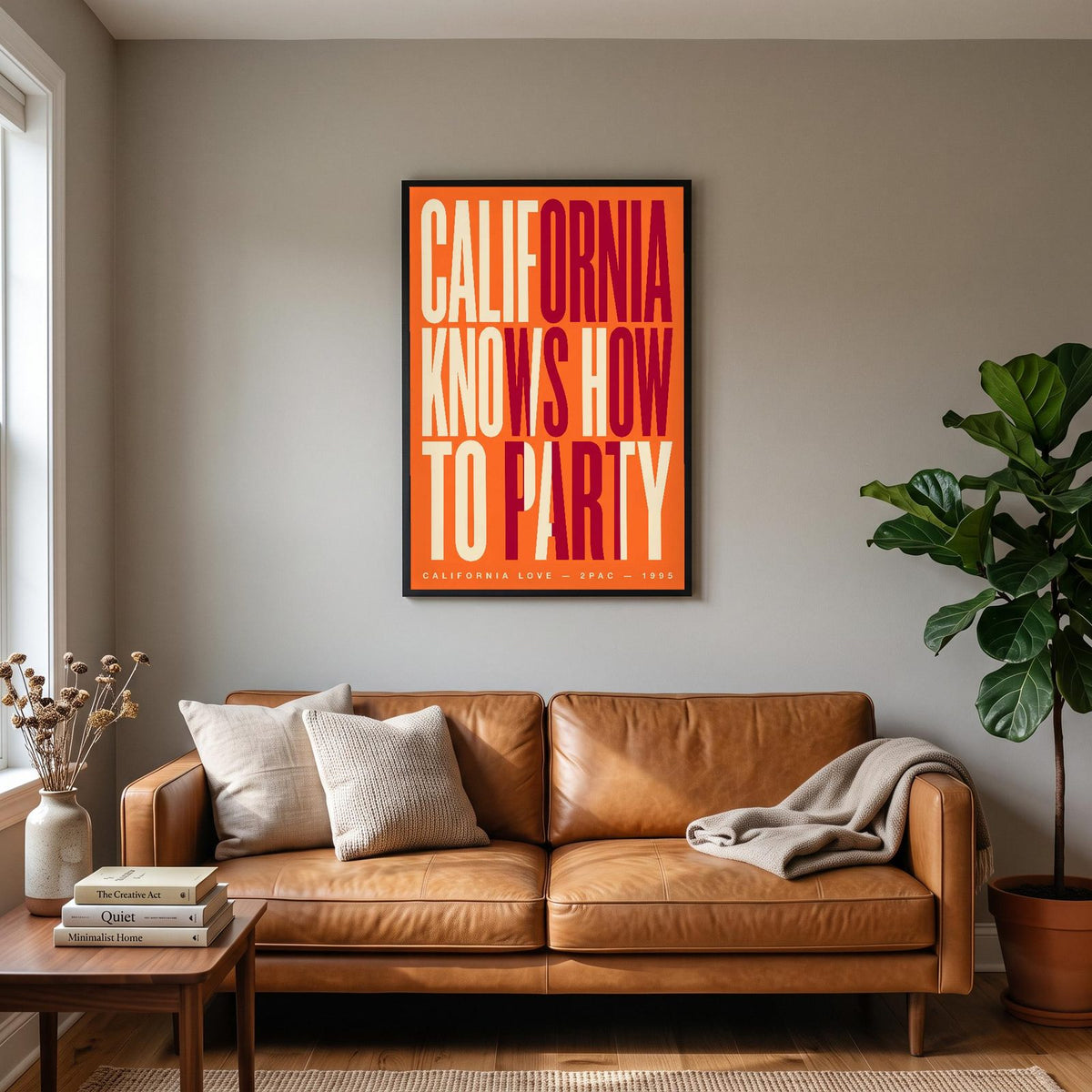 California Love Lyrics Print hanging on a living room wall