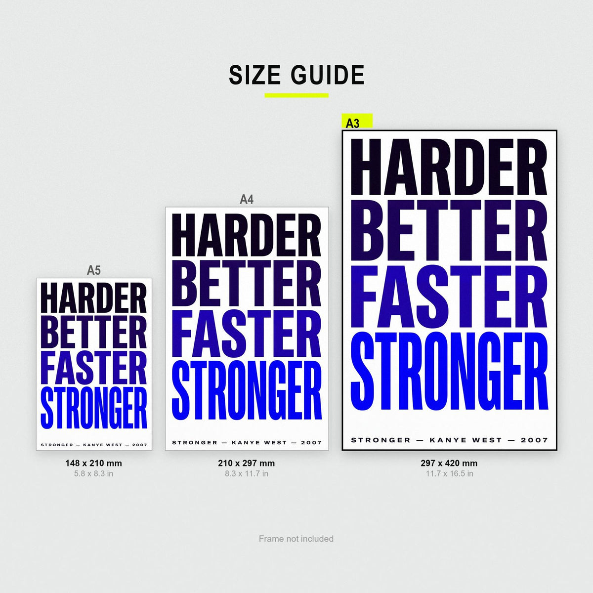Stronger Lyrics Print size guide showing A3, A4 and A5
