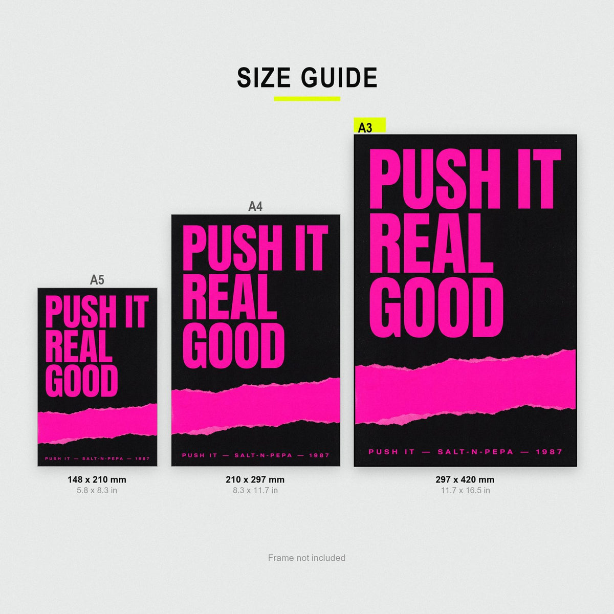 Push It Lyrics Print size guide showing A3, A4 and A5