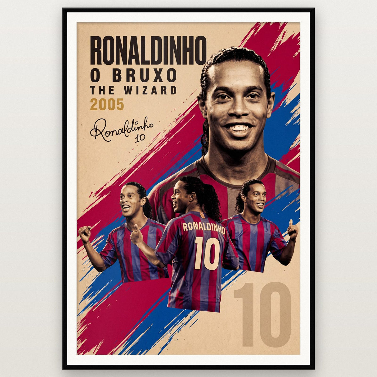 Ronaldinho Vintage Football Poster shown in a black frame