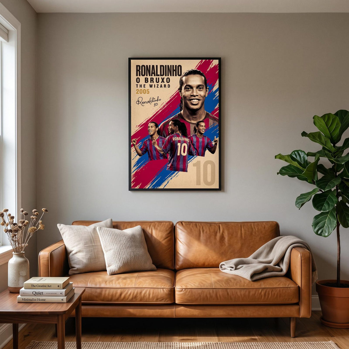 Ronaldinho Vintage Football Poster hanging on a living room wall