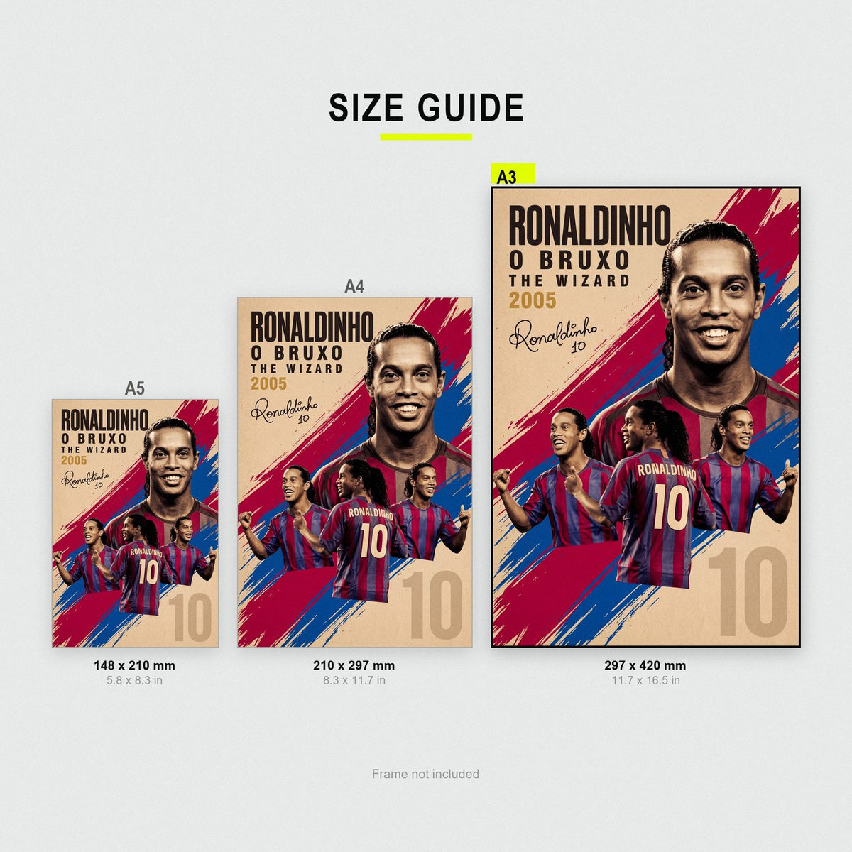 Ronaldinho Vintage Football Poster size guide showing A3, A4 and A5