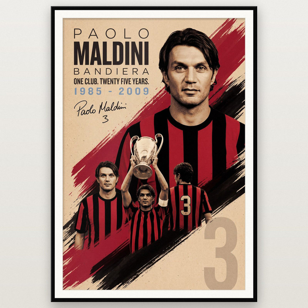 Paolo Maldini Vintage Football Poster shown in a black frame