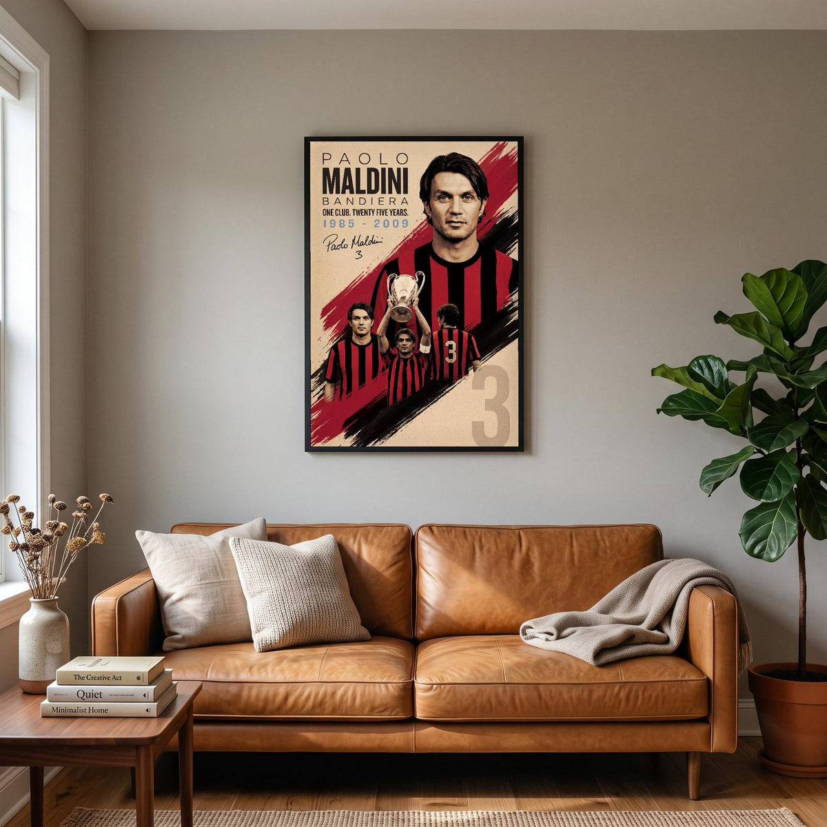 Paolo Maldini Vintage Football Poster hanging on a living room wall