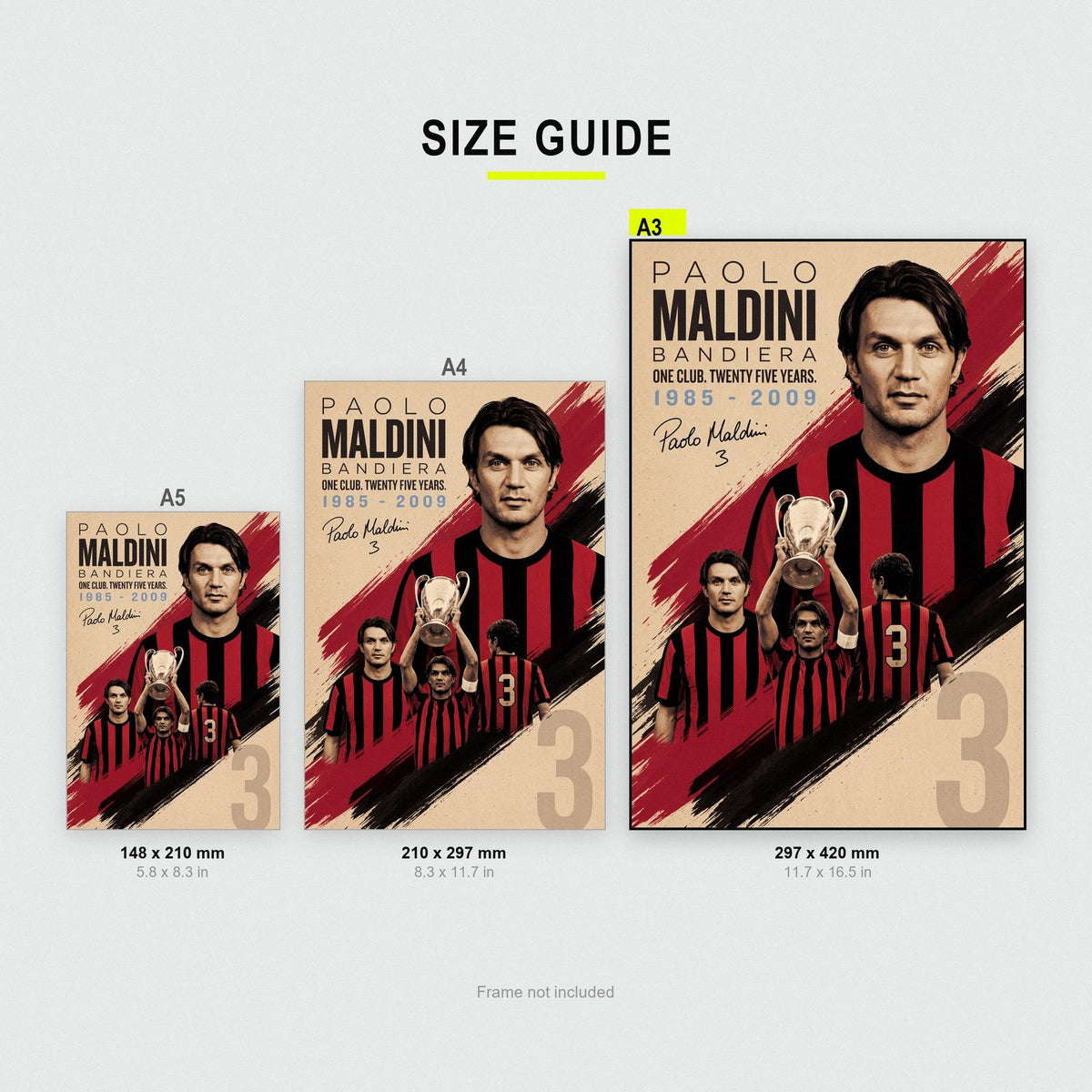 Paolo Maldini Vintage Football Poster size guide showing A3, A4 and A5