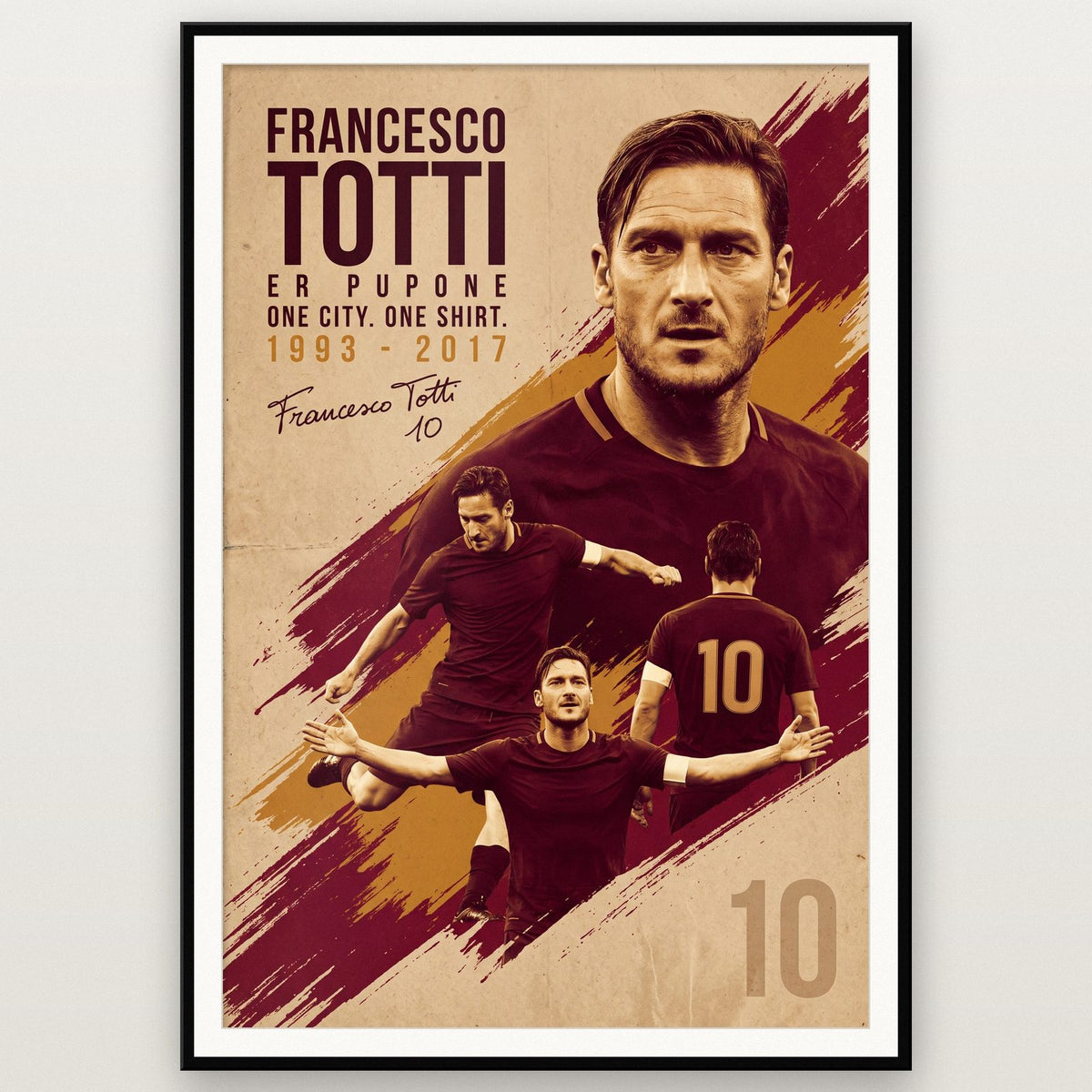 Francesco Totti Vintage Football Poster shown in a black frame