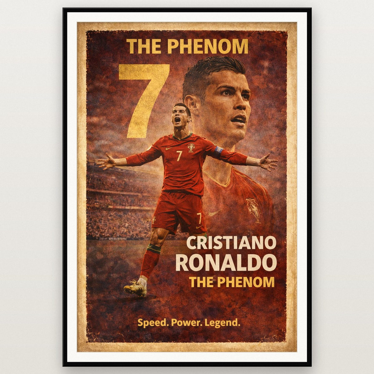 Cristiano Ronaldo Football Legends Poster shown in a black frame
