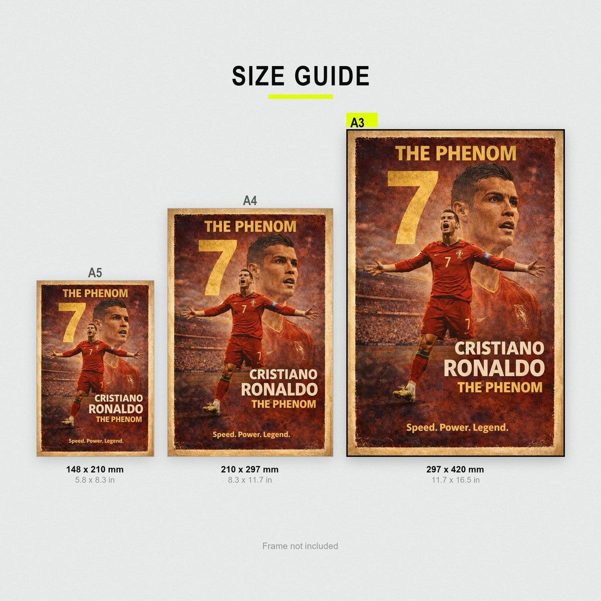 Cristiano Ronaldo Football Legends Poster size guide showing A3, A4 and A5