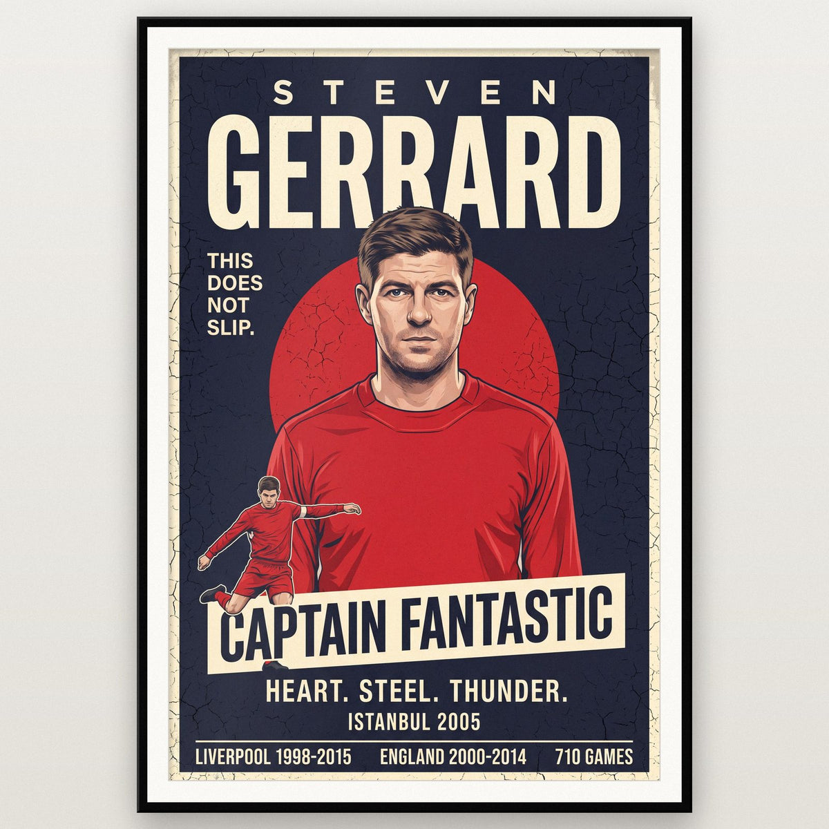 Steven Gerrard Vintage Football Poster shown in a black frame