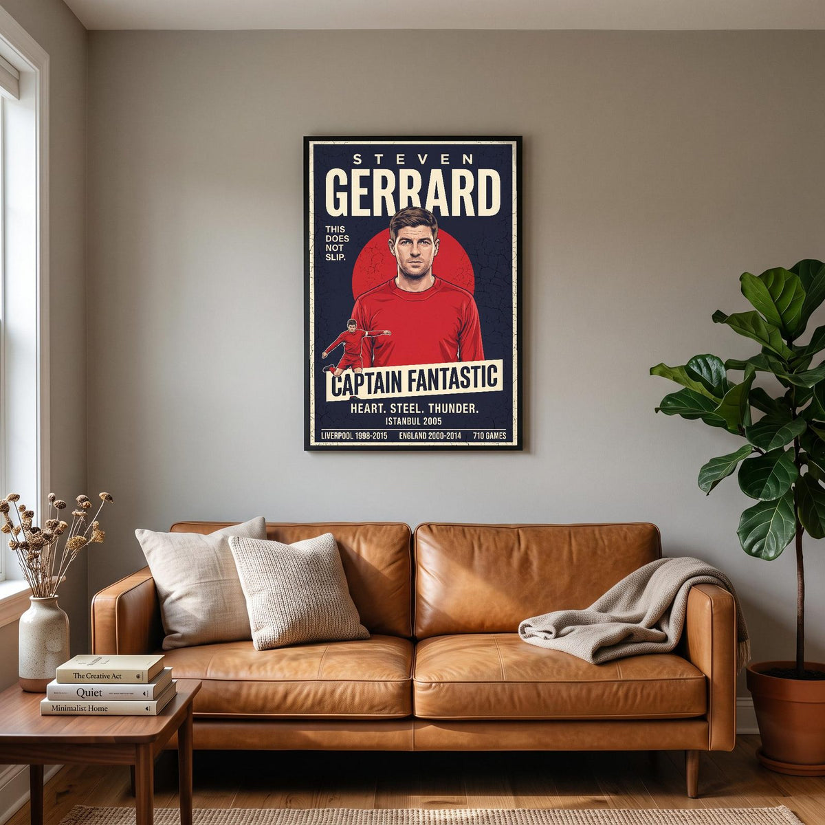 Steven Gerrard Vintage Football Poster hanging on a living room wall