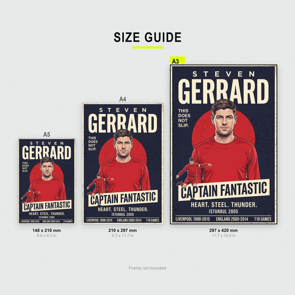 Steven Gerrard Vintage Football Poster size guide showing A3, A4 and A5