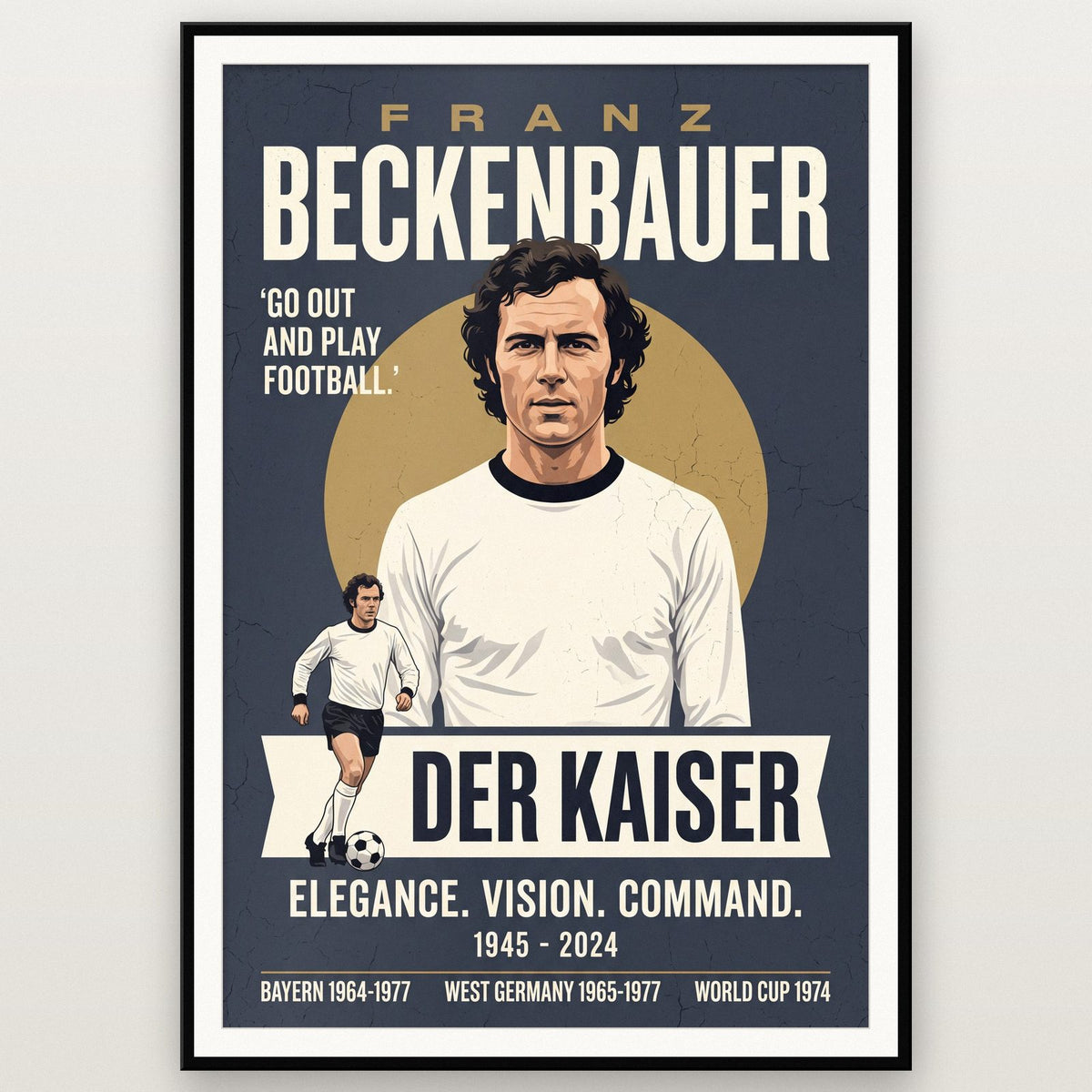 Franz Beckenbauer Vintage Football Poster shown in a black frame
