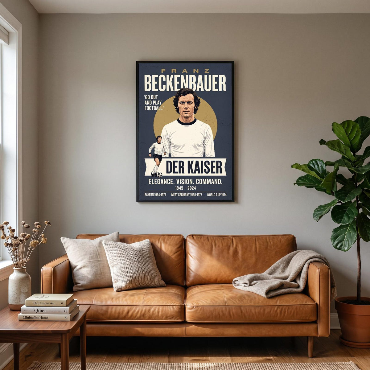 Franz Beckenbauer Vintage Football Poster hanging on a living room wall