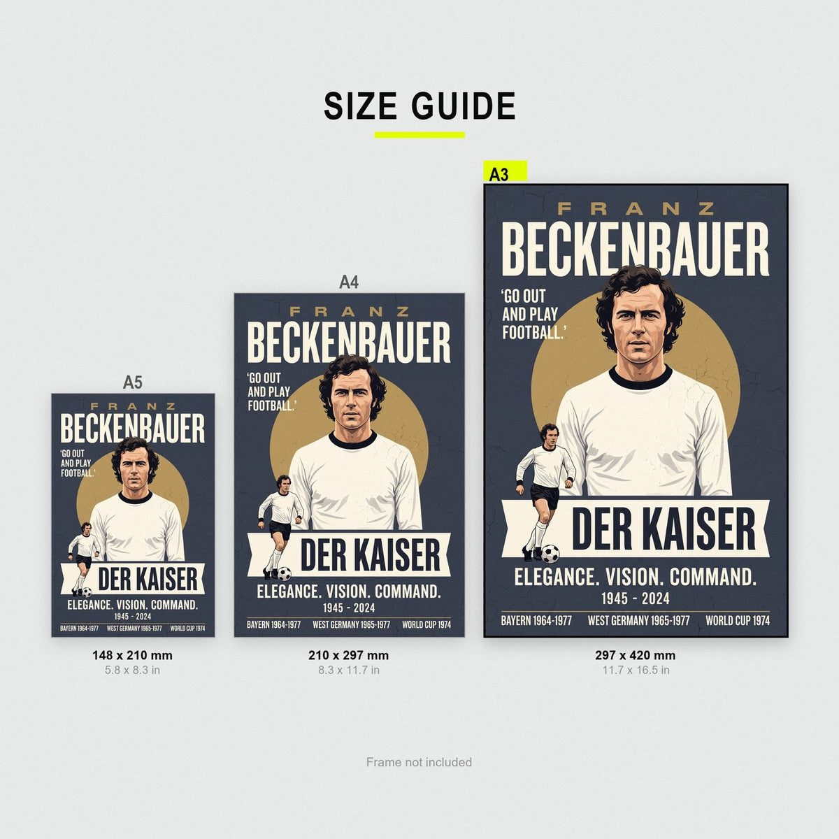 Franz Beckenbauer Vintage Football Poster size guide showing A3, A4 and A5