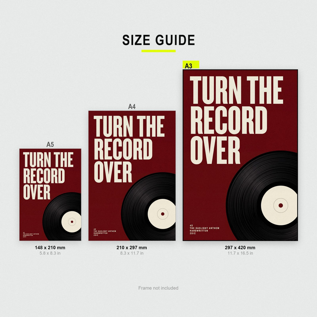 45 Lyrics Print size guide showing A3, A4 and A5