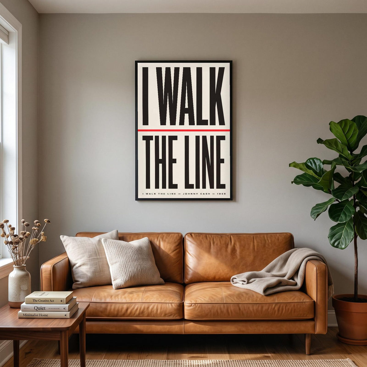 I Walk The Line Lyrics Print hanging on a living room wall