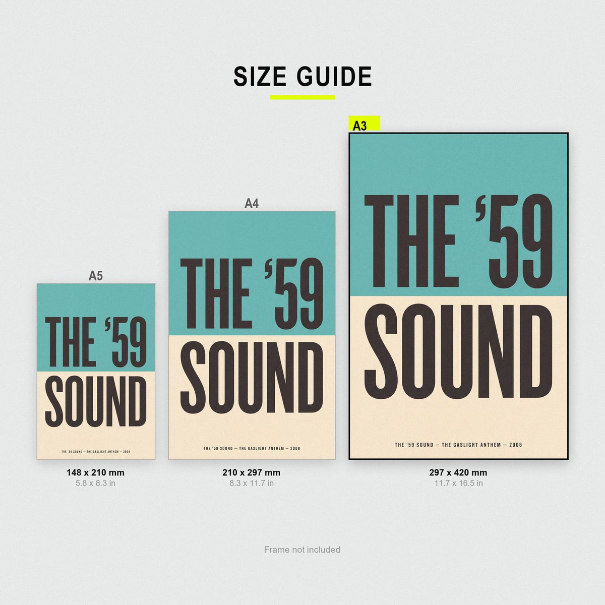The 59 Sound Lyrics Print size guide showing A3, A4 and A5