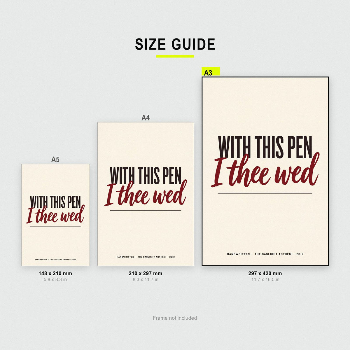 Handwritten Lyrics Print size guide showing A3, A4 and A5