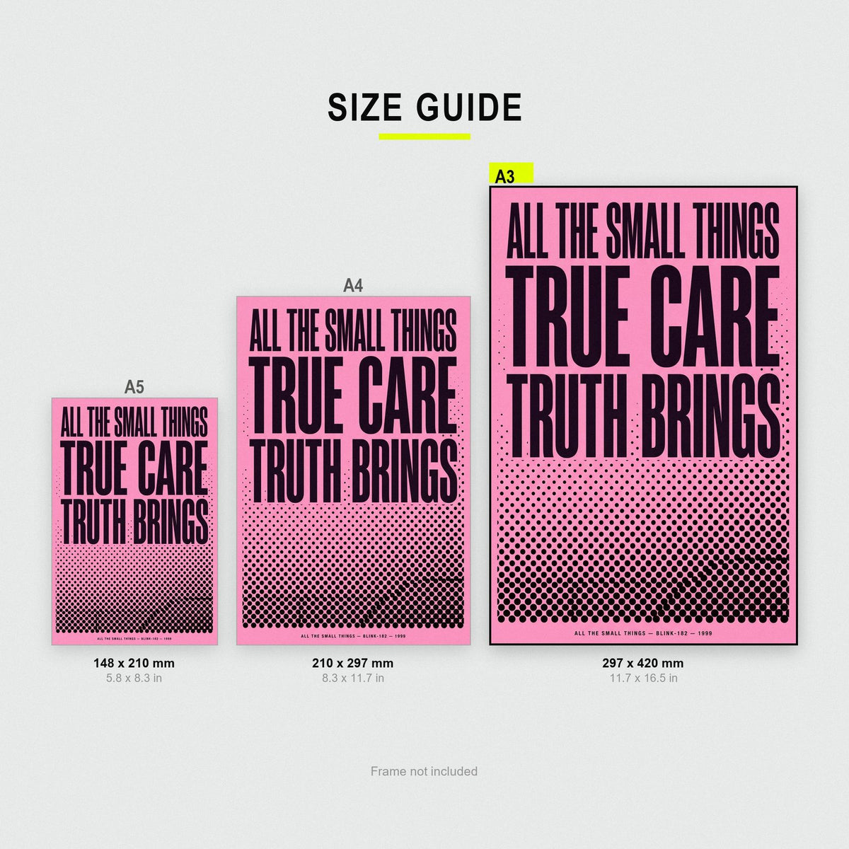 All The Small Things Lyrics Print size guide showing A3, A4 and A5