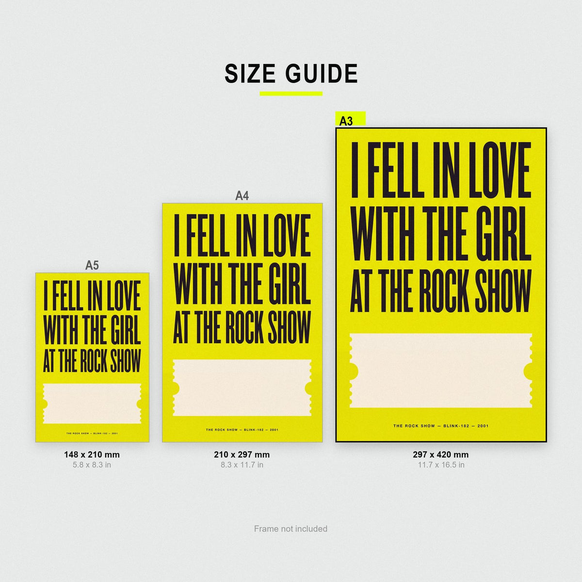 The Rock Show Lyrics Print size guide showing A3, A4 and A5