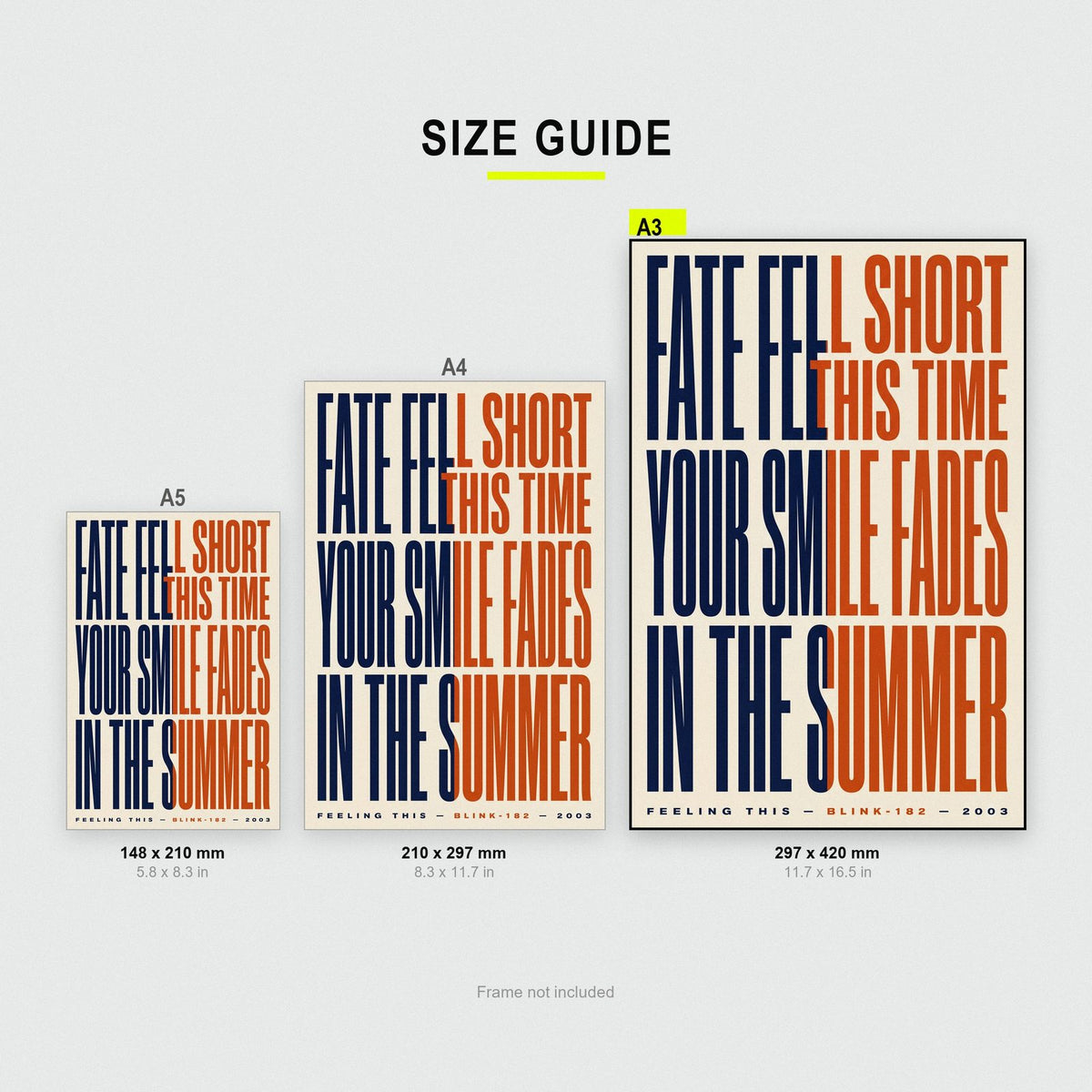 Feeling This Lyrics Print size guide showing A3, A4 and A5