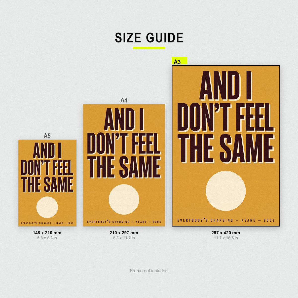 Everybody's Changing Lyrics Print size guide showing A3, A4 and A5