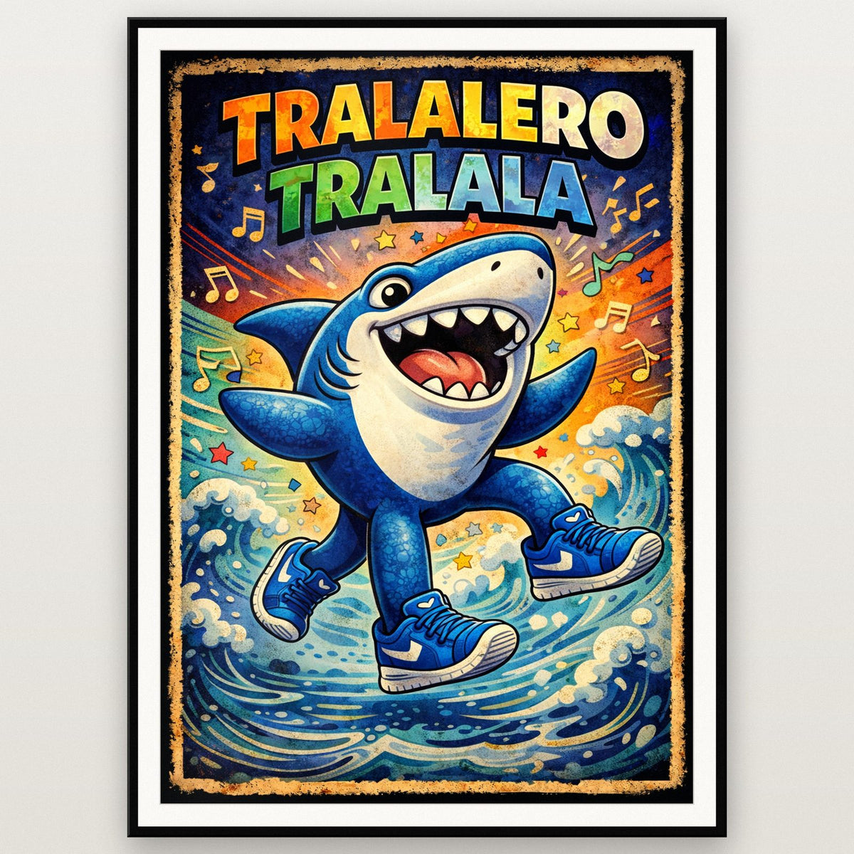 Tralalero Tralala Wall Art – Italian Brainrot Shark Poster for Kids & Teens shown in a black frame