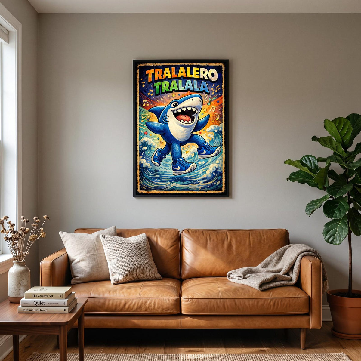 Tralalero Tralala Wall Art – Italian Brainrot Shark Poster for Kids & Teens hanging on a living room wall