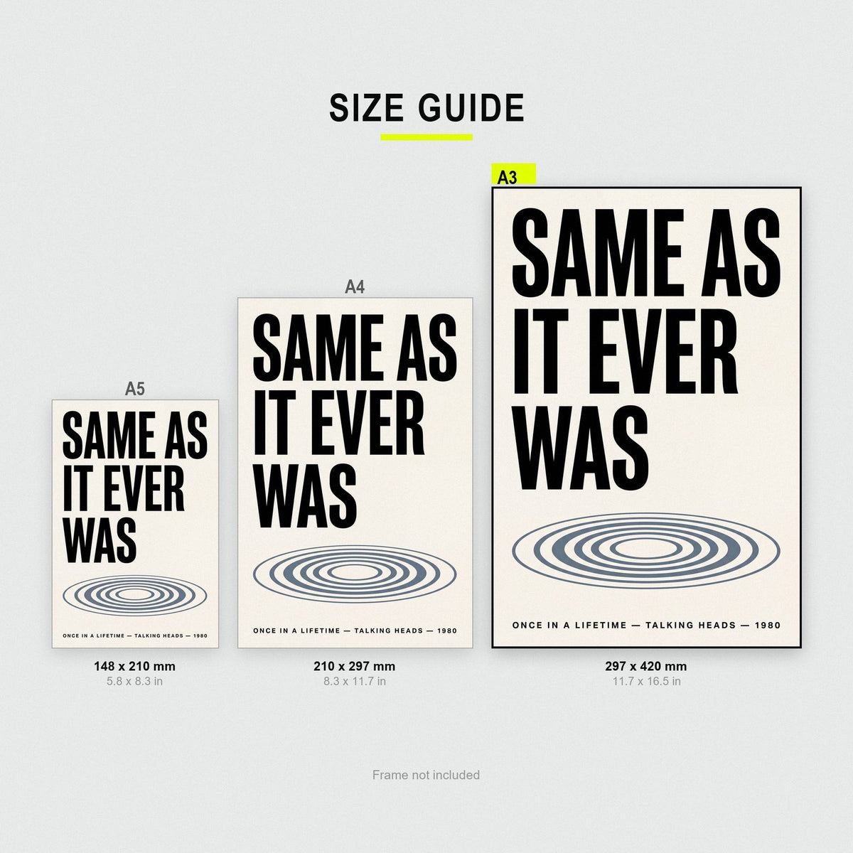 Once In A Lifetime Lyrics Print size guide showing A3, A4 and A5