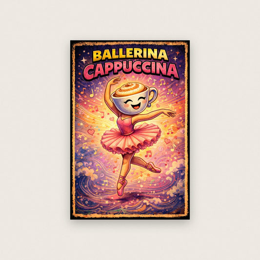 Ballerina Cappuccina Wall Art – Italian Brainrot Ballet Print for Girls